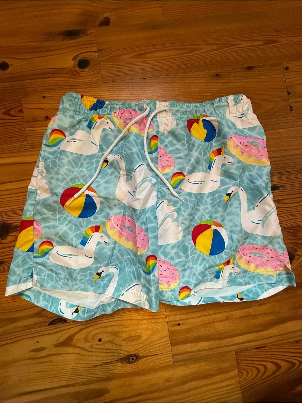 George Light Blue Swim Trunks with Unicorn Swan & Beach Ball Print